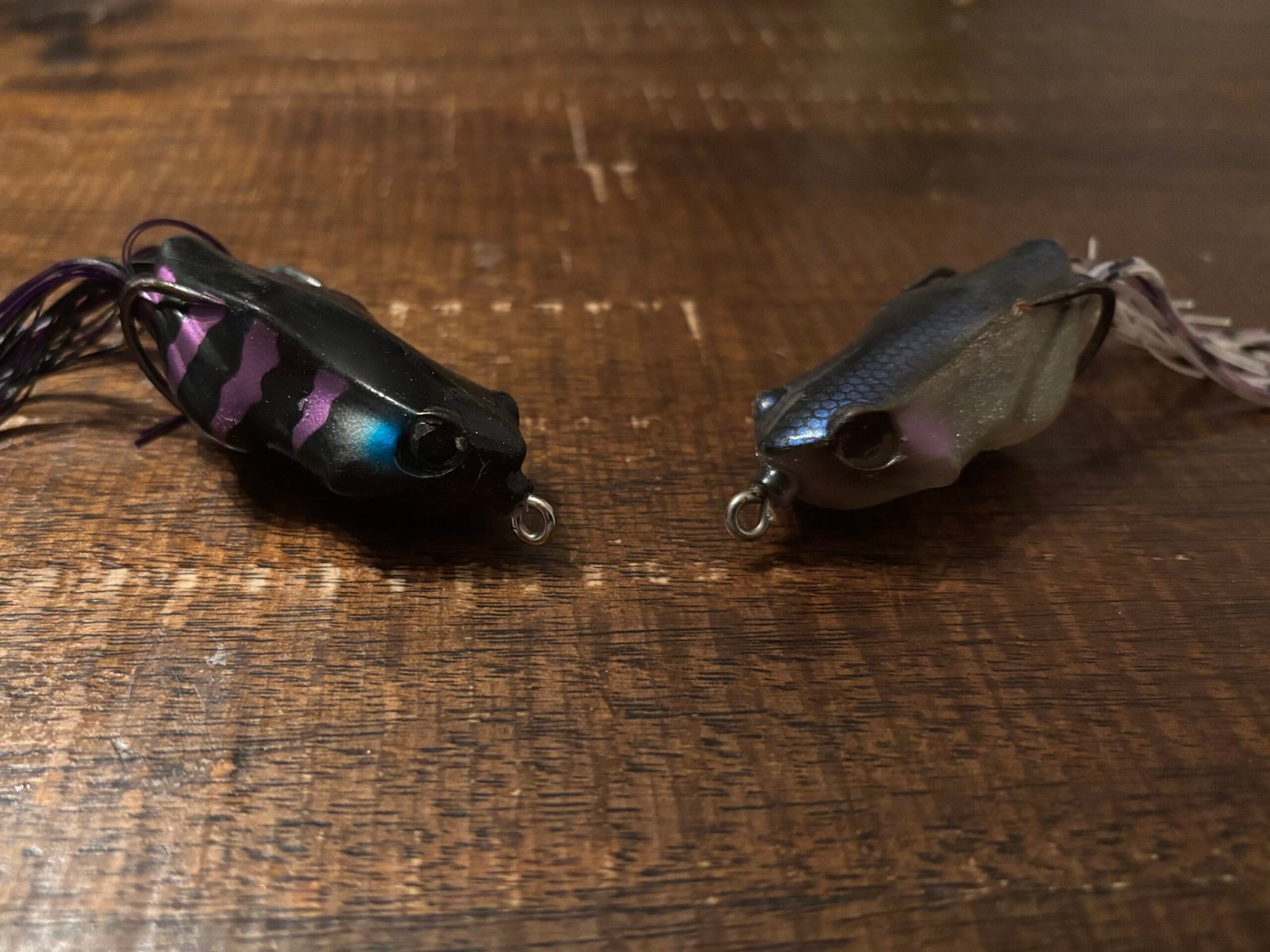 Jackall Kaera frogs, in the black gill and glitter hasu colors.