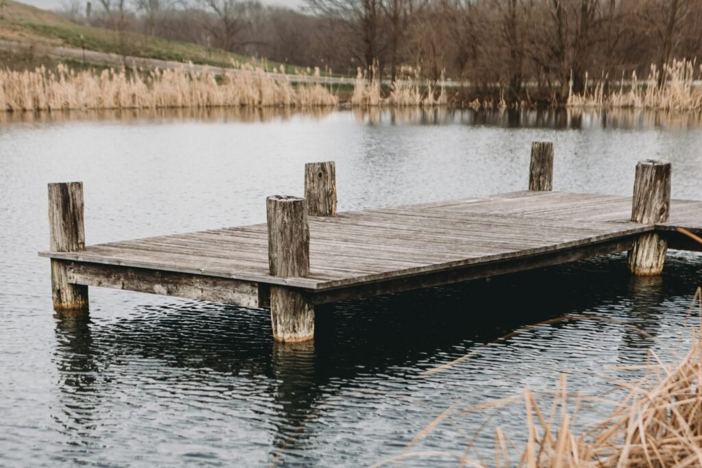 A wooden dock with log pillars on a calm, breezy pond. Grass lines the bank of the pond.